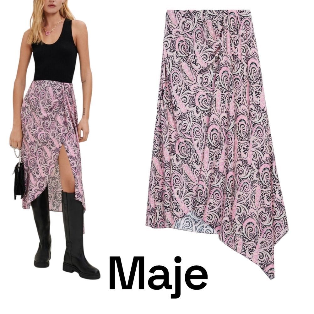 Maje Asymmetrical Pink and Black  Paisley Viscose Skirt M